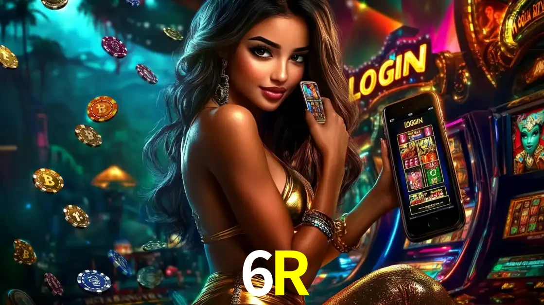 Mulher em um cenário de cassino temático de aventura, mostrando o app de caça-níqueis da 6R no celular. Fichas de apostas flutuam ao redor.
