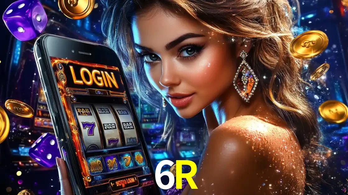 Mulher glamorosa segurando um smartphone com a tela de login para os jogos de caça-níqueis do cassino online 6R, com moedas de ouro e dados ao redor.